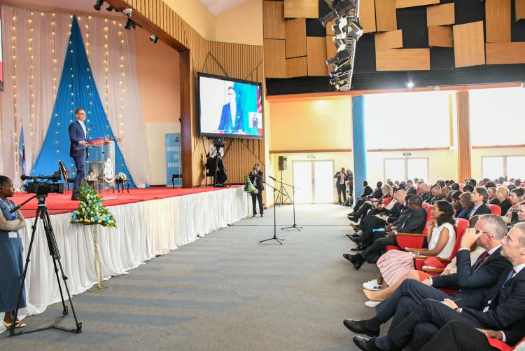 HE President Alexander Stubb gives his public lecture at Taifa Hall.